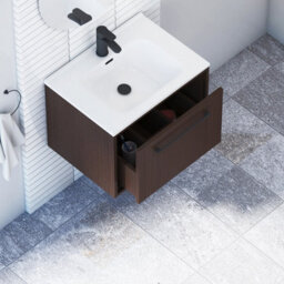 Royal Bathrooms Livora 600mm Walnut Woodgrain Wall Hung Bathroom Vanity Unit 1 Drawer With Ceramic Basin & Matt Black Handle - thumbnail 5