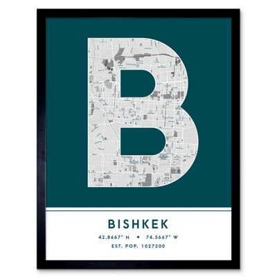 Wee Blue Coo Framed Wall Art Bishkek Kyrgyzstan City Map Modern Typography Stylish Letter Word - 12X16 Inch