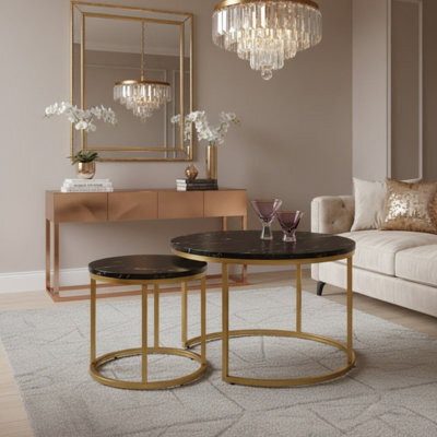 Paola Set Of 2 Modern Round Coffee Tables With Contemporary Design Black Marble Golden - image 1
