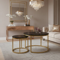 Paola Set Of 2 Modern Round Coffee Tables With Contemporary Design Black Marble Golden - thumbnail 1