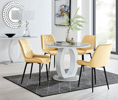 Furniturebox Giovani Round 4 Seat 100Cm White High Gloss Halo Base Grey Glass Top Dining Table 4 Mustard Velvet Black Leg Pesaro Chairs - image 1