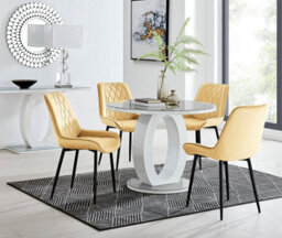 Furniturebox Giovani Round 4 Seat 100Cm White High Gloss Halo Base Grey Glass Top Dining Table 4 Mustard Velvet Black Leg Pesaro Chairs - thumbnail 1