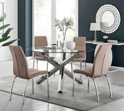 Furniturebox Uk Vogue Large Round Chrome Metal Clear Glass Dining Table And 4 Cappuccino Beige Isco Dining Chairs Set - image 1
