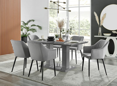 Furniturebox Imperia Grey High Gloss 6 Seater Dining Table With Structural 2 Plinth Column Legs 6 Grey Velvet Black Leg Calla Art Deco Chairs - image 1