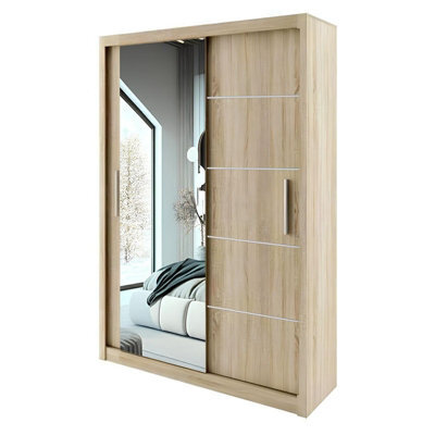 Lyon Modern Sliding Mirror Door Wardrobe With Drawers & Shelves - Oak (120Cm) - image 1