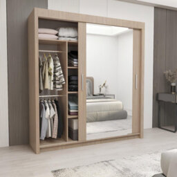 Lyon Modern Sliding Mirror Door Wardrobe With Drawers & Shelves - Oak (120Cm) - thumbnail 2