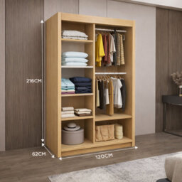 Lyon Modern Sliding Mirror Door Wardrobe With Drawers & Shelves - Oak (120Cm) - thumbnail 3