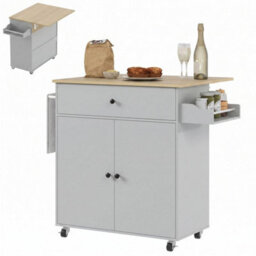 Kitchen Island With Drop Leaf, Rolling Kitchen Storage Trolley, Grey - thumbnail 1