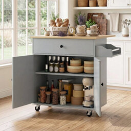 Kitchen Island With Drop Leaf, Rolling Kitchen Storage Trolley, Grey - thumbnail 5