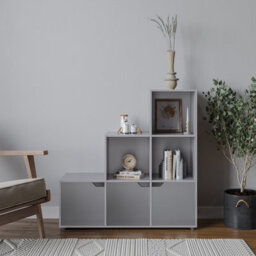 Urbn-Living Urbnliving Height 90.5Cm 6 Cube Step Storage Grey Bookcase With Doors For Home Office Organizer Display Shelf Unit - thumbnail 2