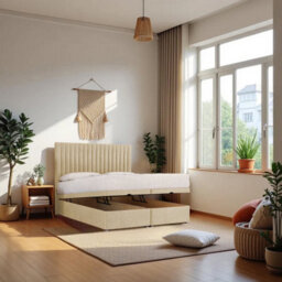 "Knight Sleep Emily Ottoman Bed Cream Plush 5Ft  With Mattress & 24""headboard - King" - thumbnail 1