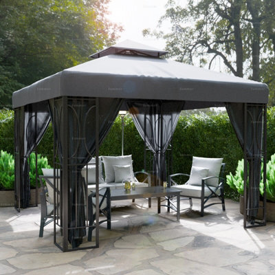 Hipped Roof Metal Gazebo With Showerproof Sunshade Canopy And Side Screens, 3.0X3.0M, Grey - image 1