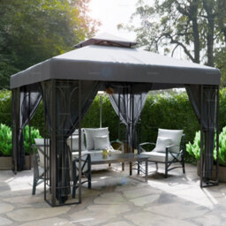 Hipped Roof Metal Gazebo With Showerproof Sunshade Canopy And Side Screens, 3.0X3.0M, Grey - thumbnail 1