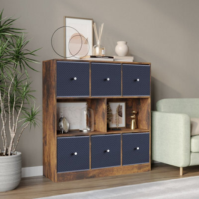 Urbn-Living Urbnliving Asymmetrical 8 Cube Bookcase Shelf Storage Unit W/ 6 Fabric Drawer Inserts (Rustic Brown+Navy Blue) - image 1