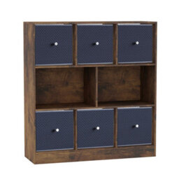 Urbn-Living Urbnliving Asymmetrical 8 Cube Bookcase Shelf Storage Unit W/ 6 Fabric Drawer Inserts (Rustic Brown+Navy Blue) - thumbnail 3