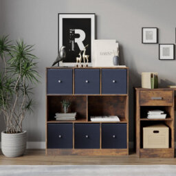 Urbn-Living Urbnliving Asymmetrical 8 Cube Bookcase Shelf Storage Unit W/ 6 Fabric Drawer Inserts (Rustic Brown+Navy Blue) - thumbnail 4