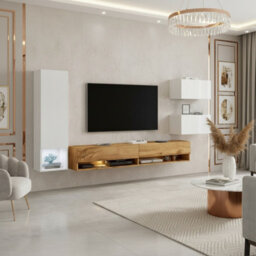 Amadeo Modern White Wotan Wall Unit Tv Cabinet And Hanging Storage With White Wotan Fronts With Led Lights - thumbnail 1