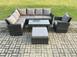 Fimous 8 Seat Rattan Garden Furniture Corner Sofa Set Outdoor Patio Sofa Chair Table Set With Big Footstool For Balcony - thumbnail 2