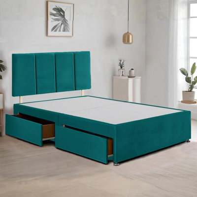 Emerald Green Plush Fabric 5Ft King Size Bed Frame With 20 Inch Vertical Line Headboard And 2 Drawers - image 1