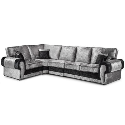 Furnishings For Less UK Chelsea Black And Silver Crushed Velvet Long 5 Seater Large Corner Sofa 1 Corner 3 Rolled Arms