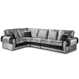 Furnishings For Less UK Chelsea Black And Silver Crushed Velvet Long 5 Seater Large Corner Sofa 1 Corner 3 Rolled Arms