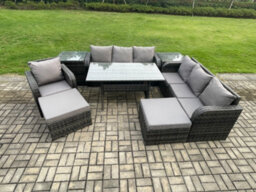 Fimous Outdoor Rattan Garden Furniture Set Oblong Dining Table And Chairs Set With 3 Seater Sofa 2 Big Footstool 2 Side Tables - thumbnail 1