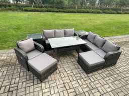 Fimous Outdoor Rattan Garden Furniture Set Oblong Dining Table And Chairs Set With 3 Seater Sofa 2 Big Footstool 2 Side Tables - thumbnail 2