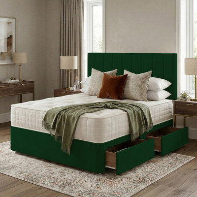 Adore Designs Portland Plush Velvet Divan Bed, Headboard & Mattress - 3Ft Single - Emerald Green - 0 Drawers - image 1