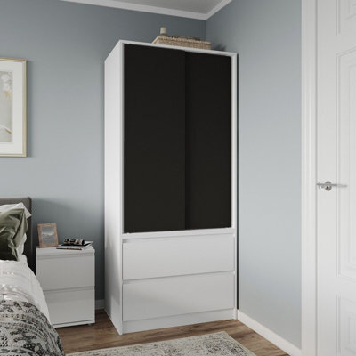 Urbn-Living Urbnliving 2 Sliding Doors Wardrobe 2 Drawer Bedroom Clothes Hanging Rail White Carcass With Black Doors Storage Cupboard - image 1