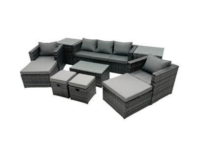 Fimous Outdoor Coffee Table Sofa Armchair Set With 2 Side Tables 2 Big Stools 2 Small Footstools Garden Furniture Set Dark Grey - image 1