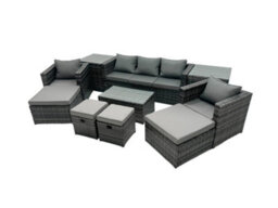 Fimous Outdoor Coffee Table Sofa Armchair Set With 2 Side Tables 2 Big Stools 2 Small Footstools Garden Furniture Set Dark Grey - thumbnail 1