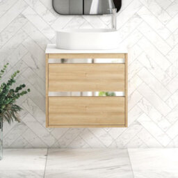 Royal Bathrooms Orion 600mm Natural Oak Wall Hung Plain White Countertop Vanity Unit 2 Drawer With Peak Basin & Chrome Accent Trim