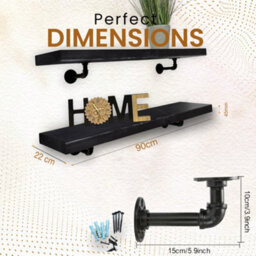 MKGT Industrial Pipe Bracket Wooden Floating Shelves, Rustic Wall Decor (Black, 90Cm) - thumbnail 2