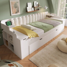 Merax 3Ft Single Daybed 90 X 190 Cm With Pull-Out Trundle, Mobile Book Cart,  Storage, Usb & Type-C Charging, Sofa Bed, White - thumbnail 1