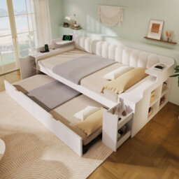 Merax 3Ft Single Daybed 90 X 190 Cm With Pull-Out Trundle, Mobile Book Cart,  Storage, Usb & Type-C Charging, Sofa Bed, White - thumbnail 2