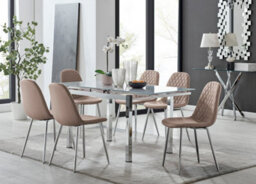 Furniturebox Uk 6 Seater Dining Set - Enna White Glass & Chrome Extendable Dining Table & Chairs - 6 Beige Leather Corona Chairs