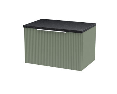Hudson Reed Fluted Wall Hung 1-Drawer Vanity Unit & Black Laminate Worktop, Counter Top Vanity Unit In Satin Green, 600mm - image 1