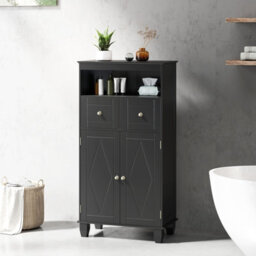 Costway Bathroom Floor Storage Cabinet Freestanding Storage Organizer With Doors-Black - thumbnail 1