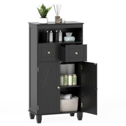 Costway Bathroom Floor Storage Cabinet Freestanding Storage Organizer With Doors-Black - thumbnail 2