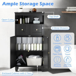 Costway Bathroom Floor Storage Cabinet Freestanding Storage Organizer With Doors-Black - thumbnail 6