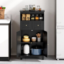 Costway Bathroom Floor Storage Cabinet Freestanding Storage Organizer With Doors-Black - thumbnail 4