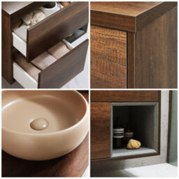 Homestylestore Dark Oak 594mm Wall Hung Bathroom Vanity Unit Round Sand Countertop Basin Open Shelf - thumbnail 2