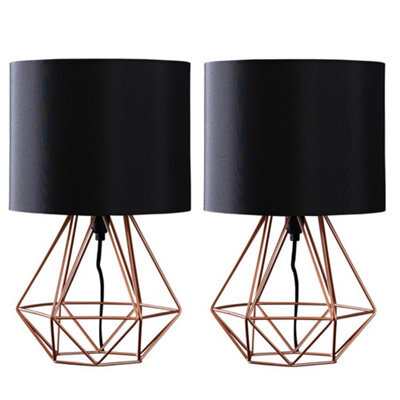 Valuelights Angus Pair Of Copper Metal Bed Side Table Lamps With Black Fabric Shades And Led Golfball Bulbs In Warm White - image 1