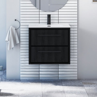 Royal Bathrooms Livora 600mm Black Woodgrain Wall Hung Bathroom Vanity Unit 2 Drawer With Ceramic Basin & Matt Black Handle - image 1