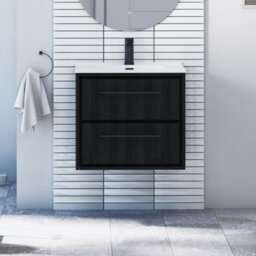 Royal Bathrooms Livora 600mm Black Woodgrain Wall Hung Bathroom Vanity Unit 2 Drawer With Ceramic Basin & Matt Black Handle - thumbnail 1
