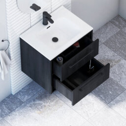 Royal Bathrooms Livora 600mm Black Woodgrain Wall Hung Bathroom Vanity Unit 2 Drawer With Ceramic Basin & Matt Black Handle - thumbnail 4