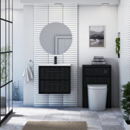 Royal Bathrooms Livora 600mm Black Woodgrain Wall Hung Bathroom Vanity Unit 2 Drawer With Ceramic Basin & Matt Black Handle - thumbnail 3