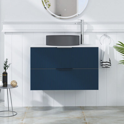 Royal Bathrooms Evora 800mm Midnight Blue Fluted Wall Hung Countertop Vanity Unit 2 Drawer With Art Round Basin - image 1