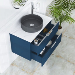 Royal Bathrooms Evora 800mm Midnight Blue Fluted Wall Hung Countertop Vanity Unit 2 Drawer With Art Round Basin - thumbnail 3