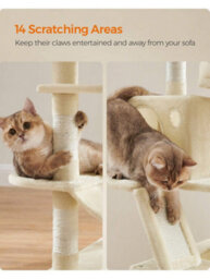 LEDREM Cat Tree, 168 Cm Large Cat Tower Condo With 13 Scratching Posts, 1 Scratching Ramp, 2 Perches, 2 Caves, Basket, Hammock, Pompoms - thumbnail 4